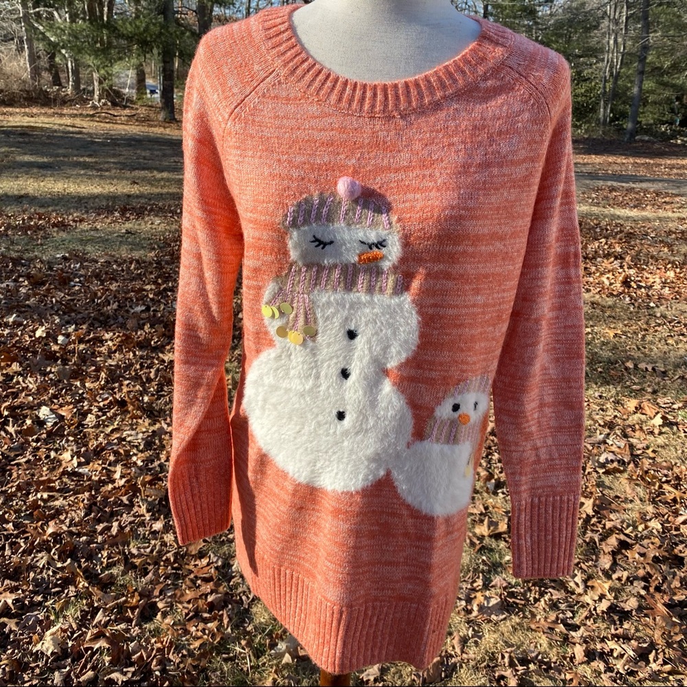 LC LAUREN CONRAD SWEATER CREWNECK ORANGE WHITE SNOW MOM AND BABY SIZE M NWOT